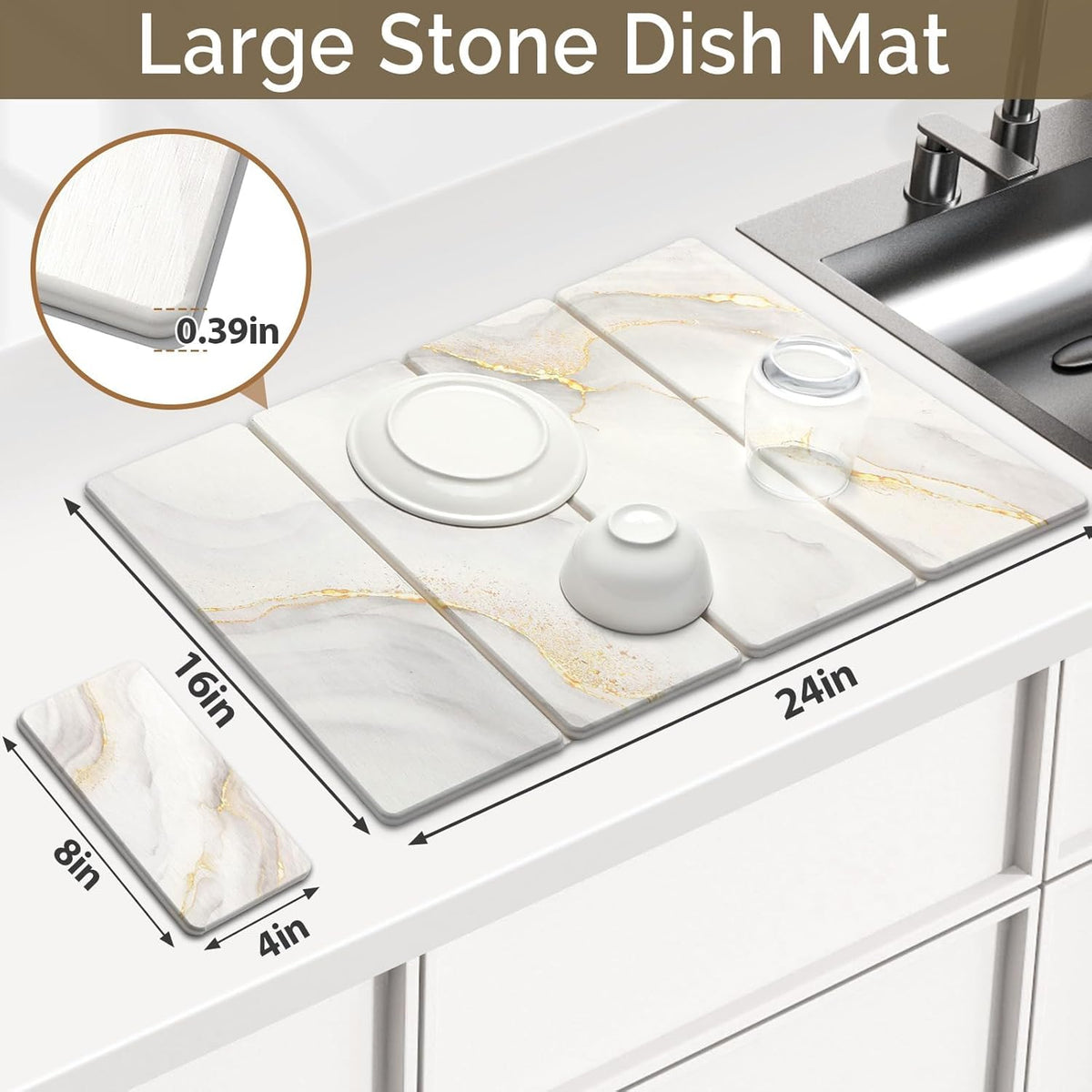 2 PCS Large Stone Dish Drying Mat for Kitchen Counter Quick Dry Stone Dishes Mats Marbled Water