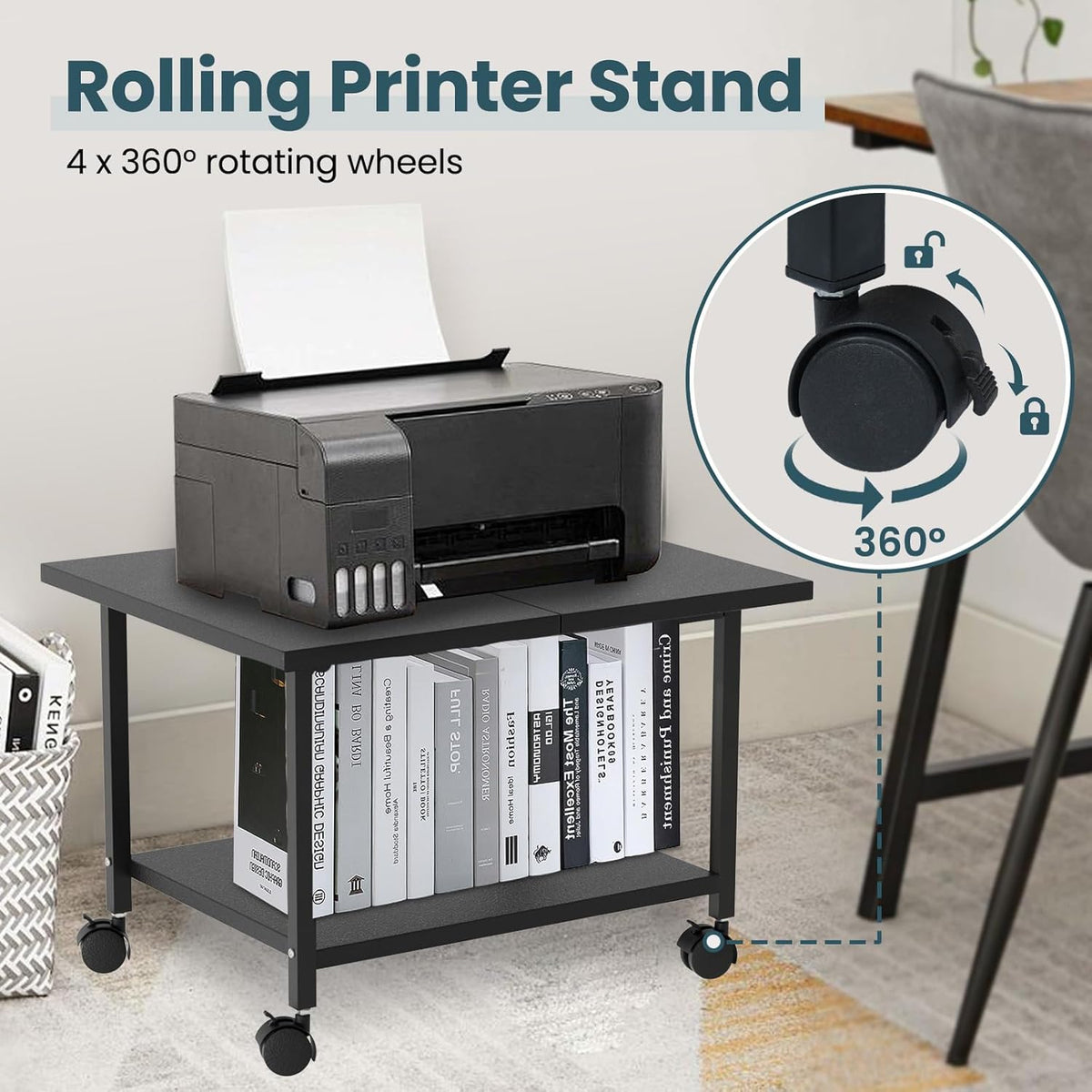 Printer Stand with Storage Under Desk Shelf, Desktop Printer Stand Organizer, Rolling Printer Cart