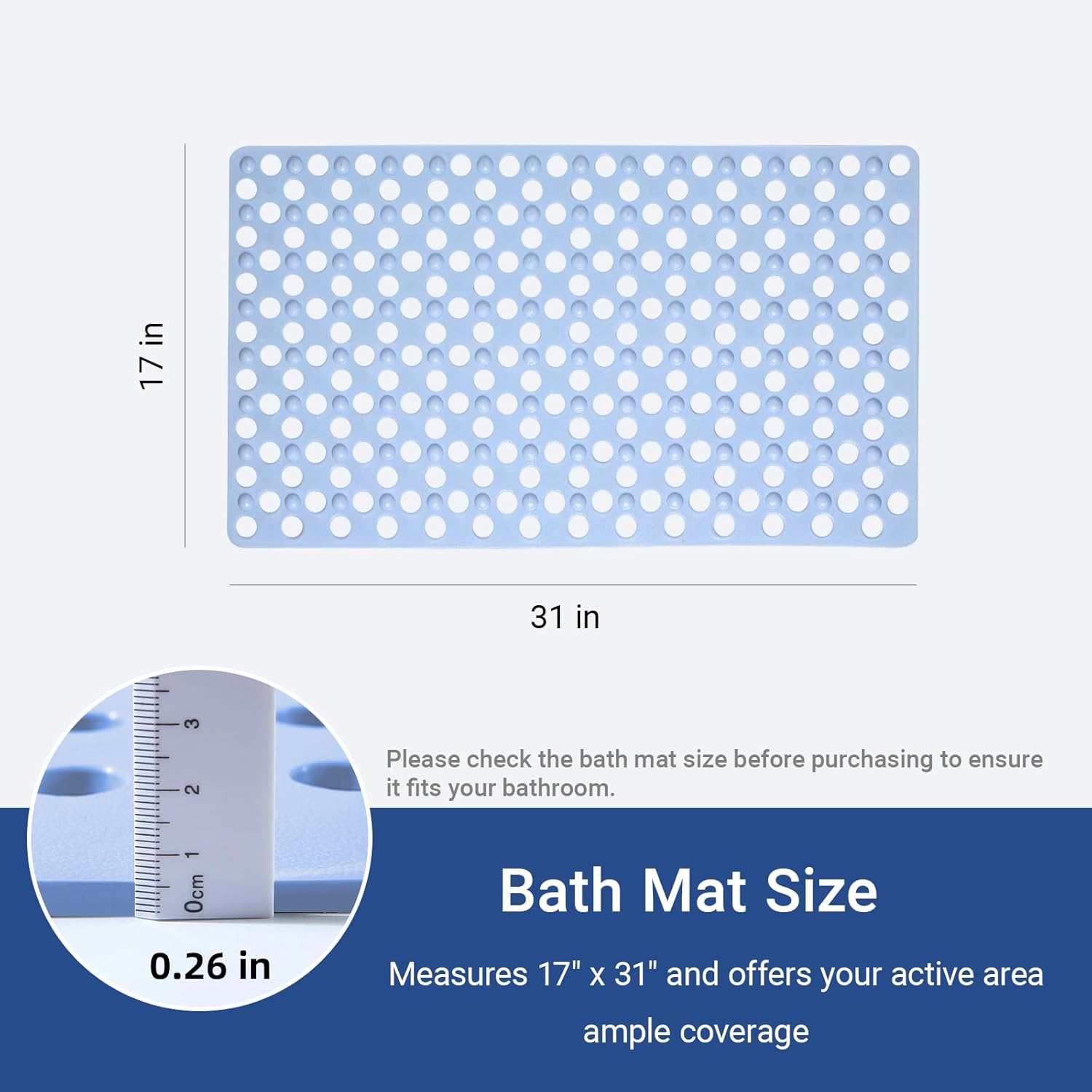 Non Slip Bathtub Mat and Shower Mat 31x17 inch,Bath Mat with Quick Dry Drain Holes and Suction