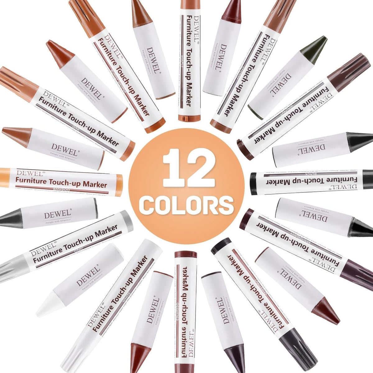 DEWEL Wood Furniture Markers & Filler Sticks Repair Kit, New Improved 12 Colors Touch Up Markers