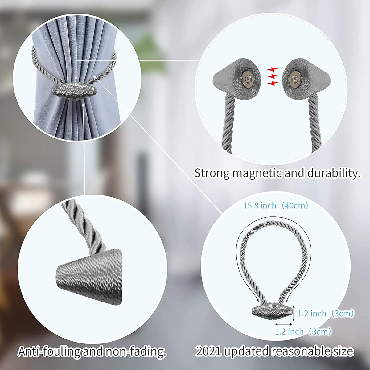 Hion Magnetic Curtain Tiebacks Grey 2pcs, Curtain Tiebacks Buckles Holdbacks Holders Hooks Clip for