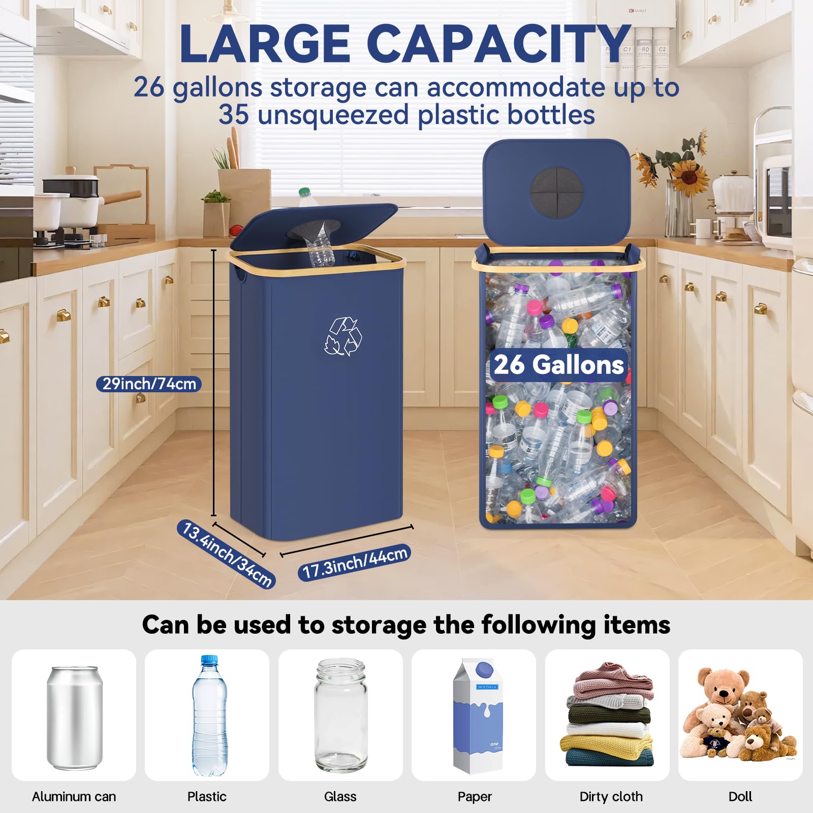 CFGUK Recycling Bin for Kitchen, 26 Gallon 100L Indoor Home Recycle Bin with Lid and 2 Removeable
