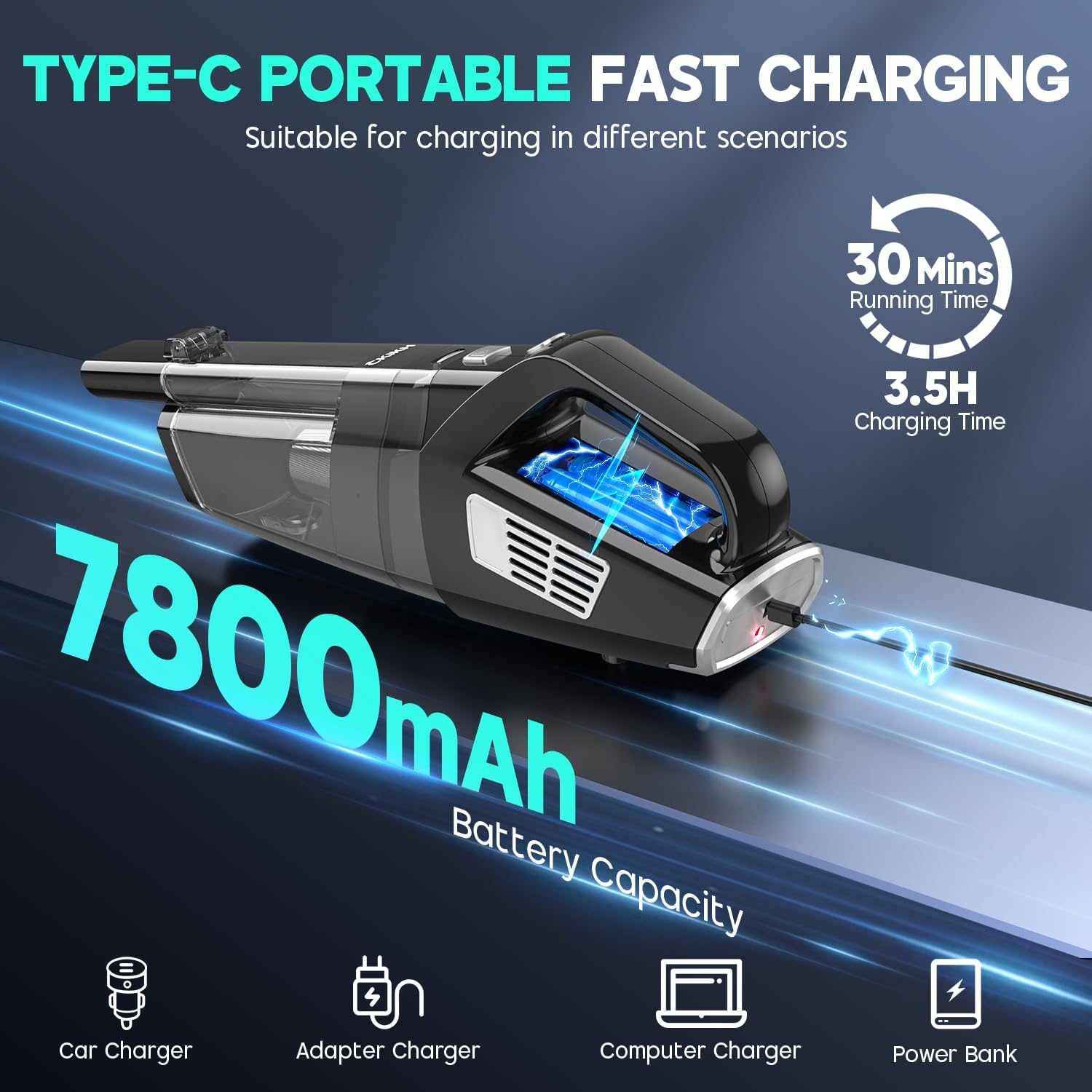 Handheld Vacuum Cordless, 15000PA Strong Suction Hand Held Car Vacuum Cleaner Portable with