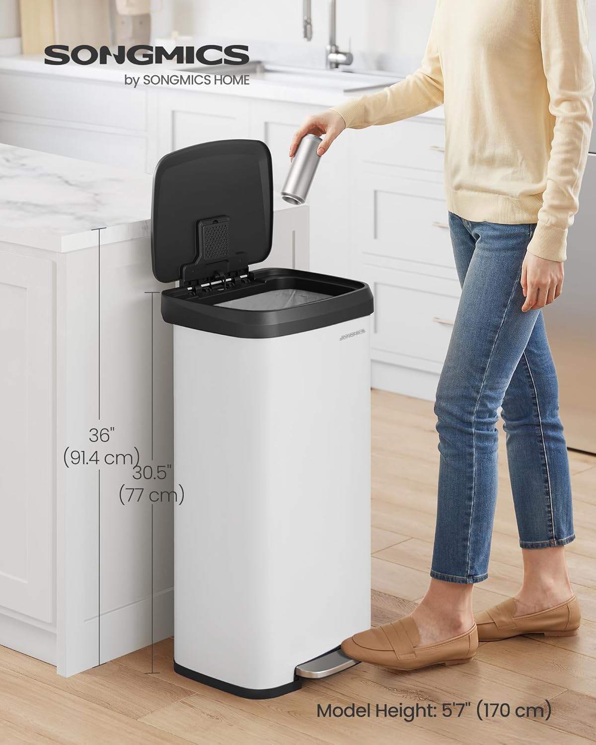 SONGMICS Kitchen Trash Can, 18-Gallon Stainless Steel Garbage Can, with Stay-Open Lid and Step-on