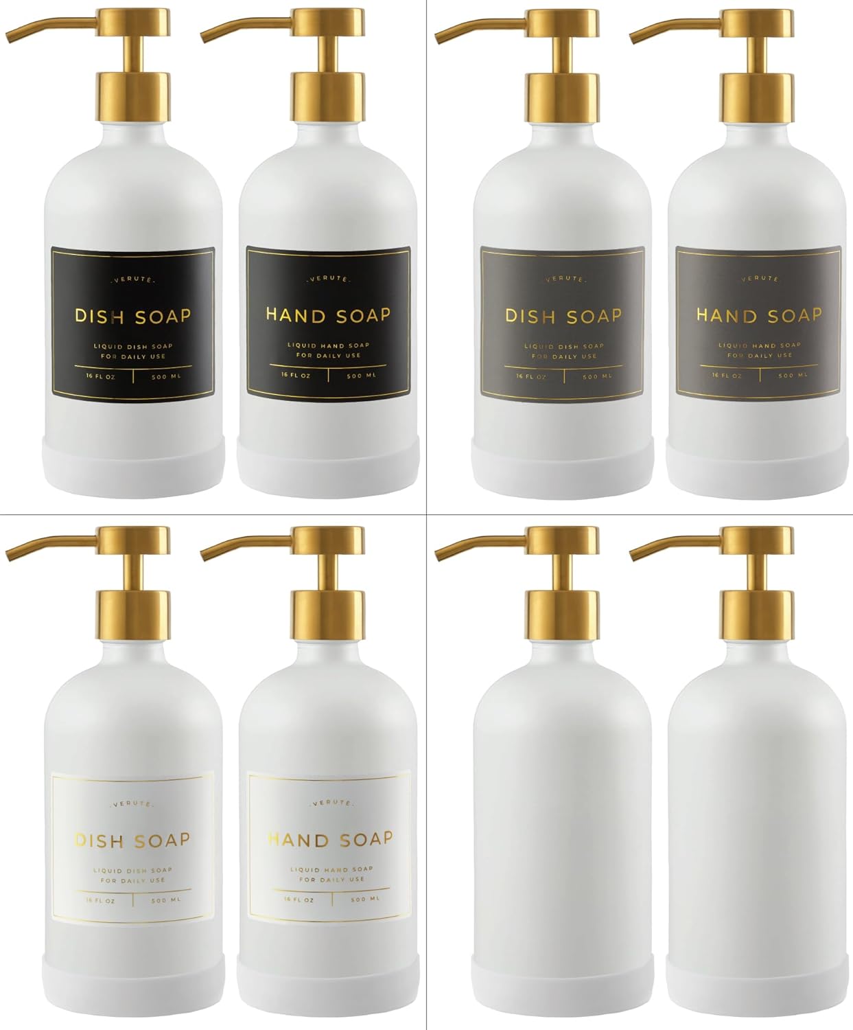 16oz Glass Soap Dispenser with Stainless Steel Pump, 21 Waterproof Labels, Non-Slip Protective