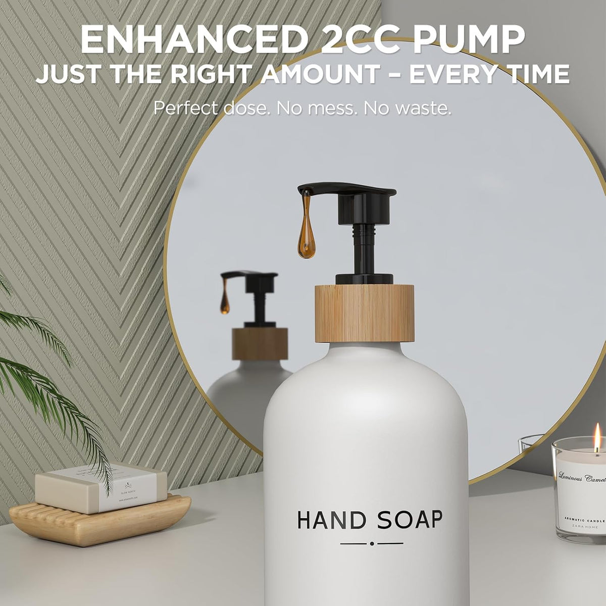 Hand and Dish Soap Dispenser Set,16oz Glass Bottles with Printed Labels, Bamboo Tray &