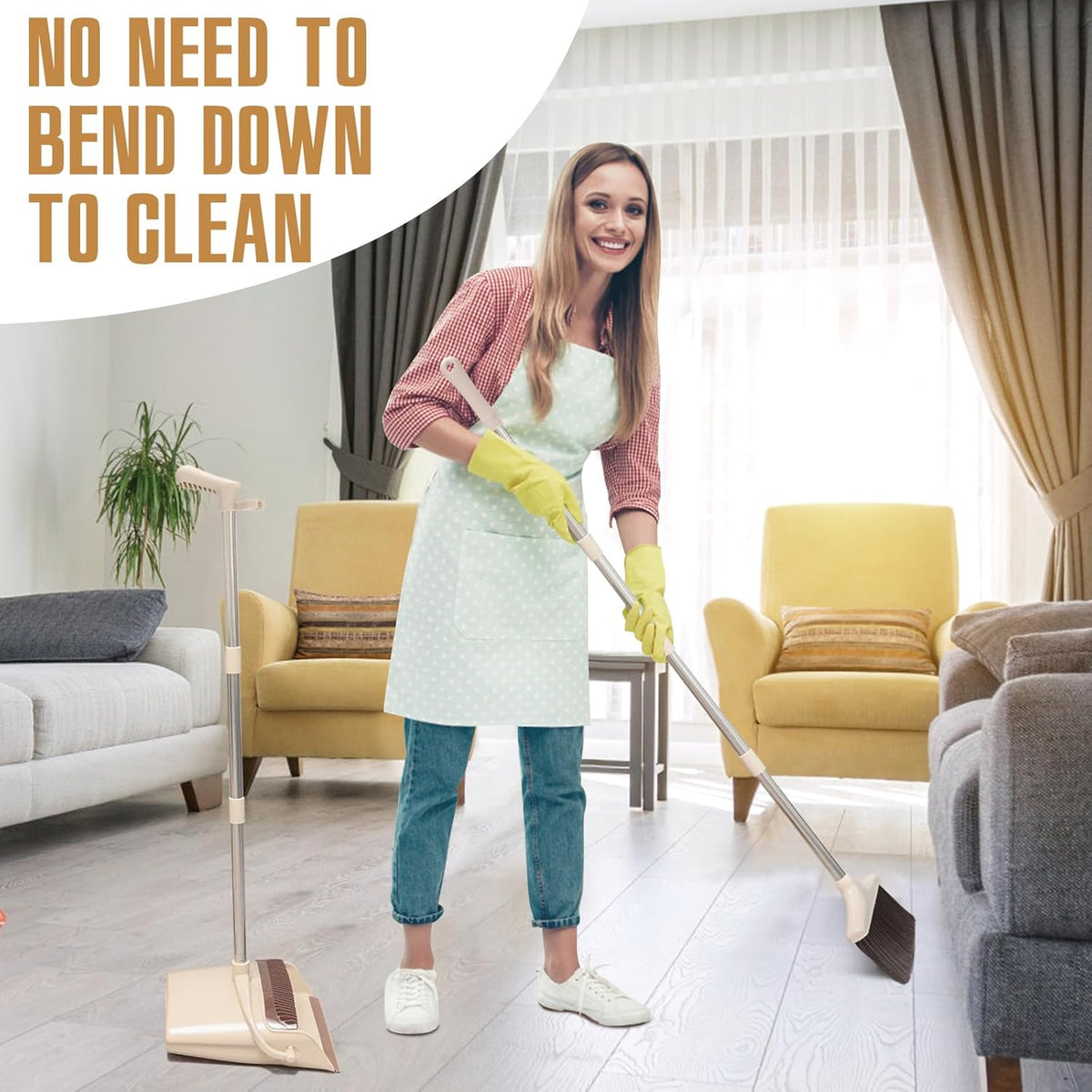 Broom and Dustpan Set with Long Handle, Light Weight Stainless Steel Poles Stand Upright Dustpans