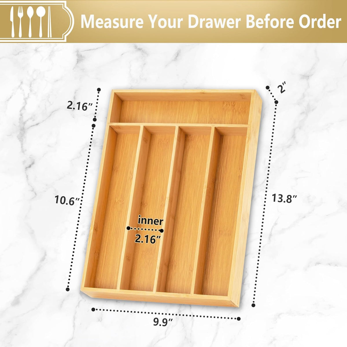 Silverware Organizer, 2 Pack 10 Inch Utensil Organizer Kitchen Drawer Organizer Bamboo Silverware