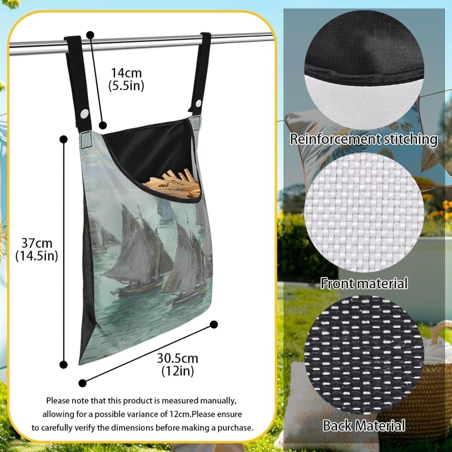 Monet Oil Painting Outdoor Clothespin Bag - Industrial Strength Windproof Storage Organizer - Heavy