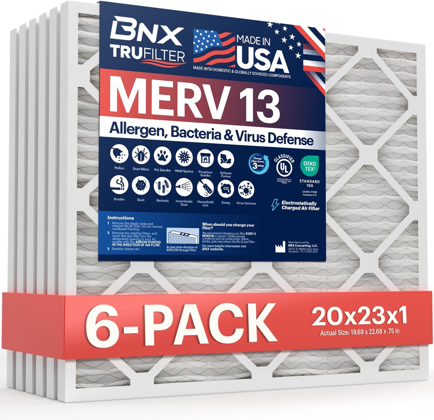 BNX TruFilter 20x23x1 Air Filter MERV 13 (6-Pack) - MADE IN USA - Electrostatic Pleated Air