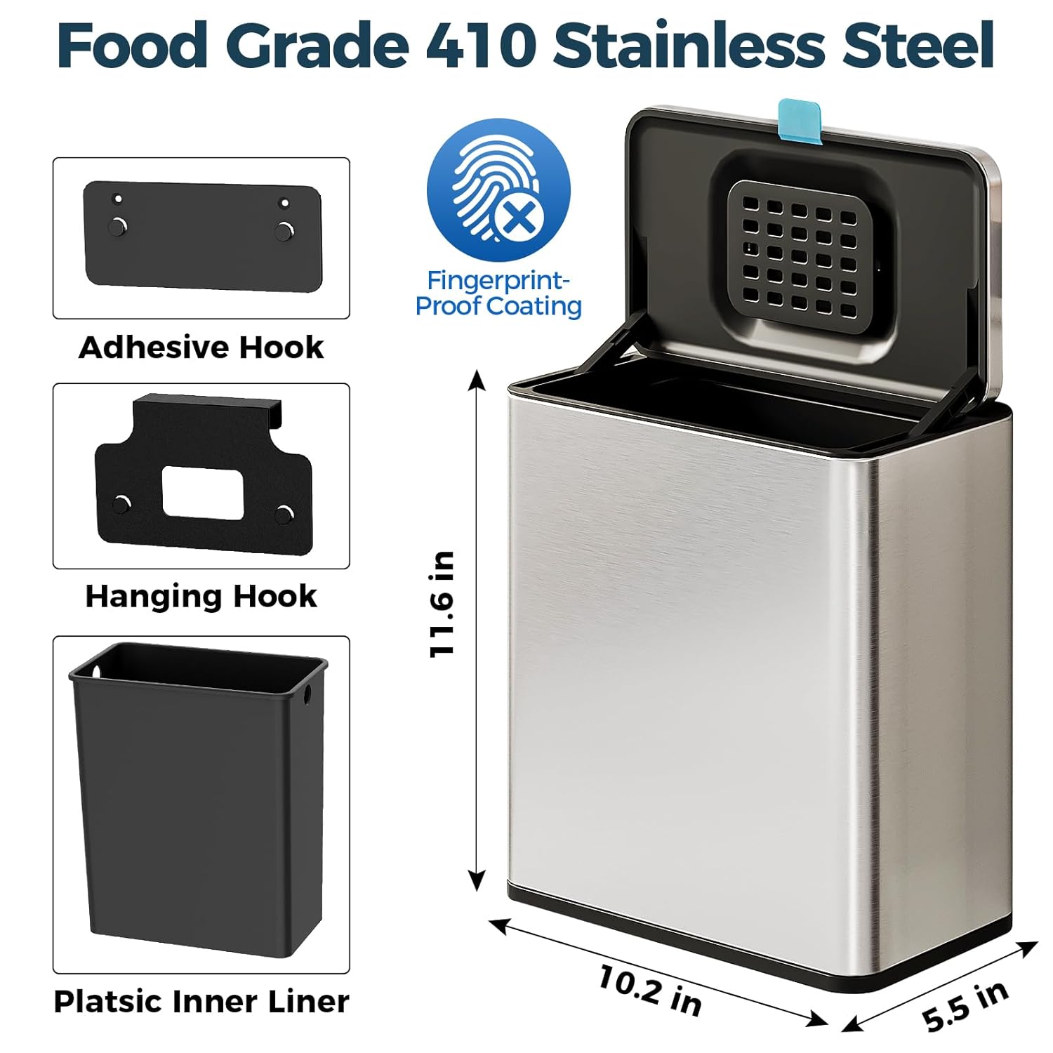 Stainless Steel Hanging Trash Can with Lid and Inner Bucket, 2 Gallon Kitchen Compost Bin for