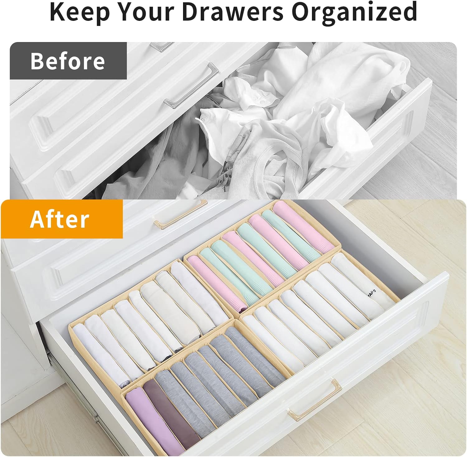 Qozary 4 Pack Drawer Organizers for Clothing, 8 Grids Foldable Closet Organizers and Storage Bins