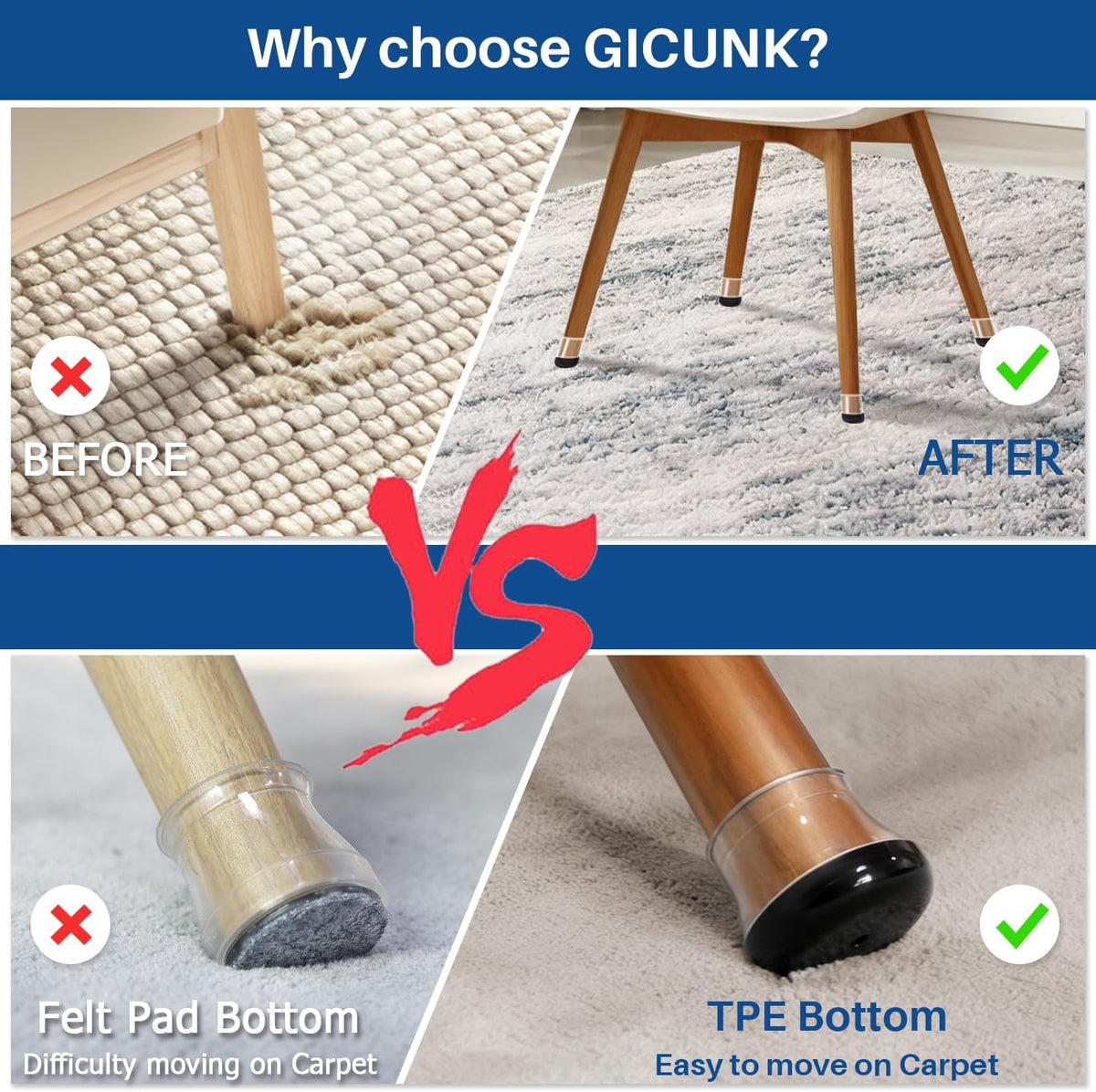 28 Pcs Chair Leg Sliders for Carpet, Square Chair Leg Floor Protectors Glides, Silicone Furniture