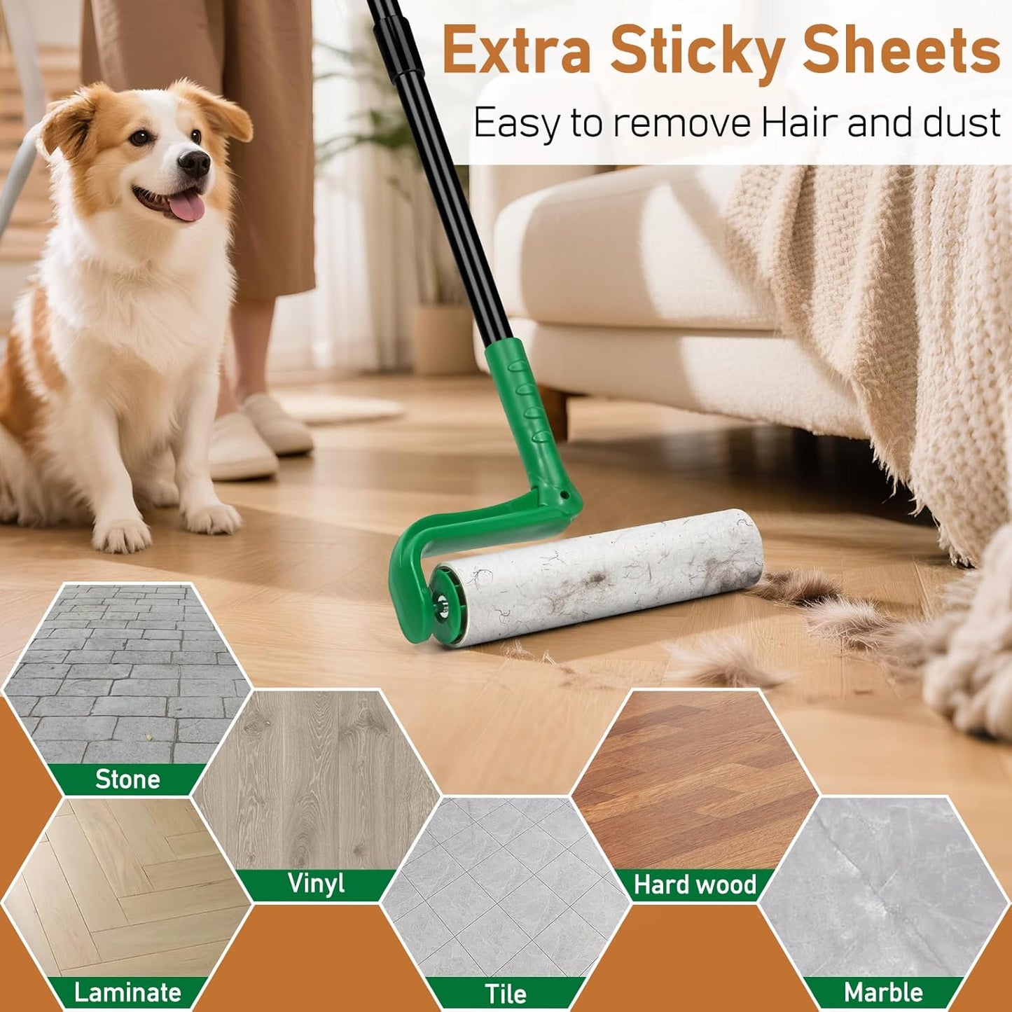 10" Large Lint Roller for Pet Hair Extra Sticky, Long Handle Floor Sticky Rollers with Big Lint