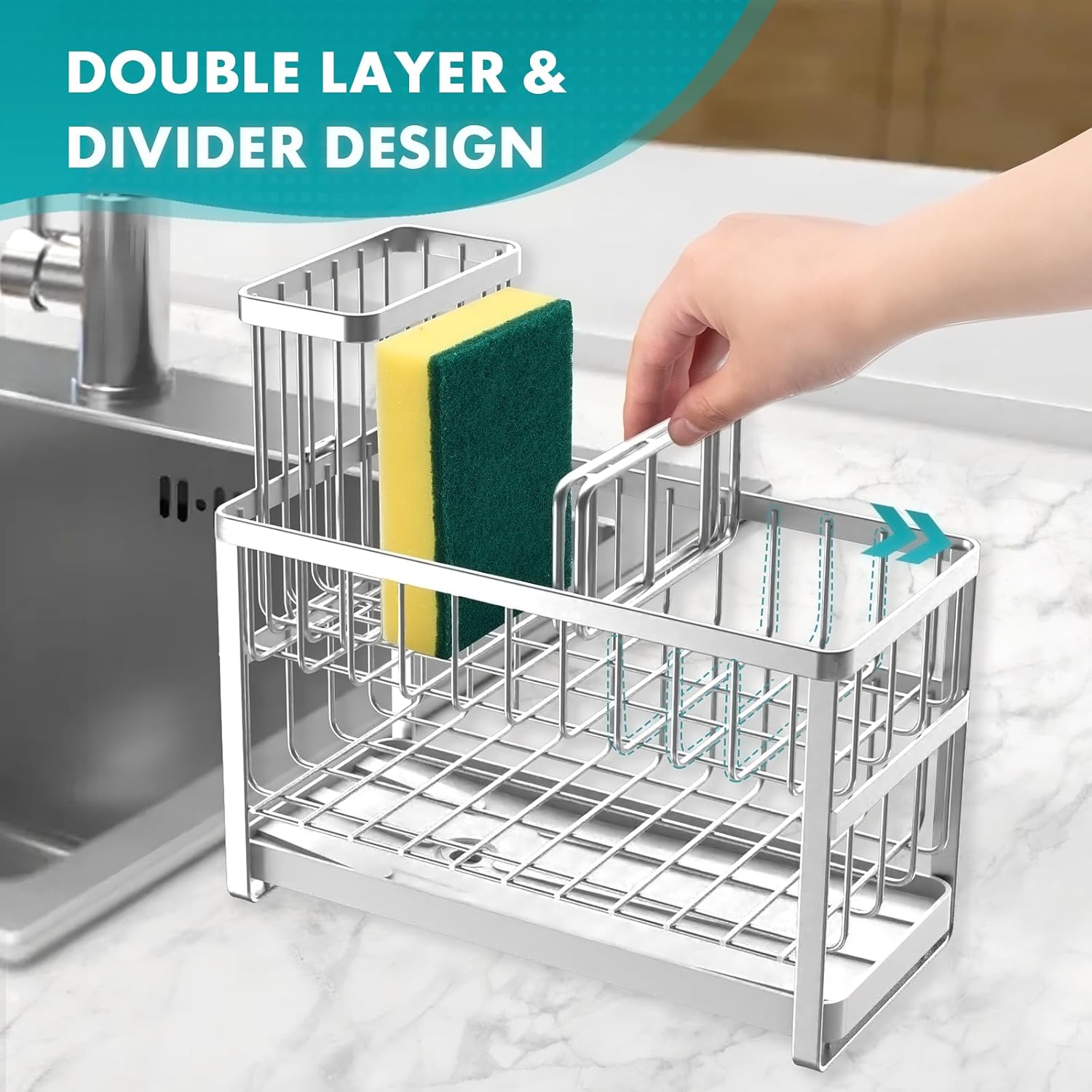 Sinnsally Kitchen Sponge Holder,2 Tier Sink Caddy Organizer with High Brush Holder,Stainless Steel