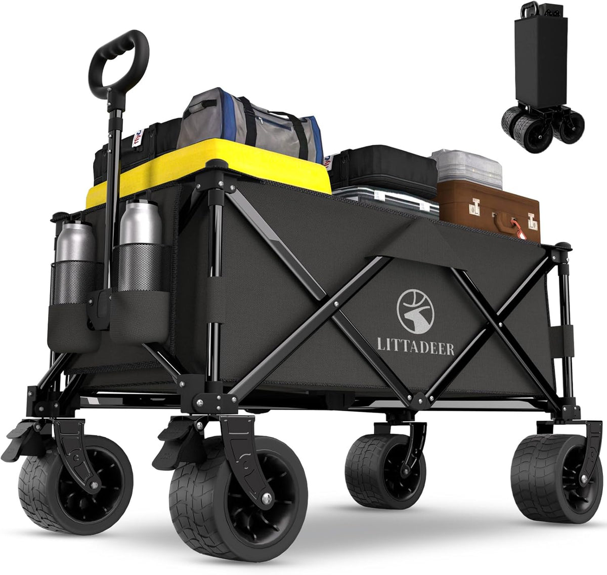 Collapsible Wagon Cart with Silent All-Terrain Wheels, Foldable Heavy Duty Beach Wagon with