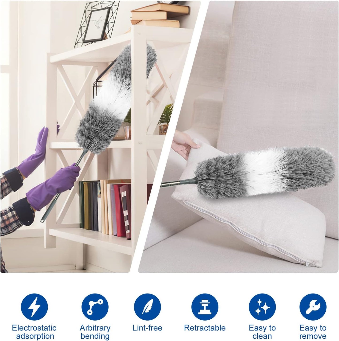 Microfiber Feather Dusters for Cleaning, Extendable Duster with 110" Extension Pole & 2pcs