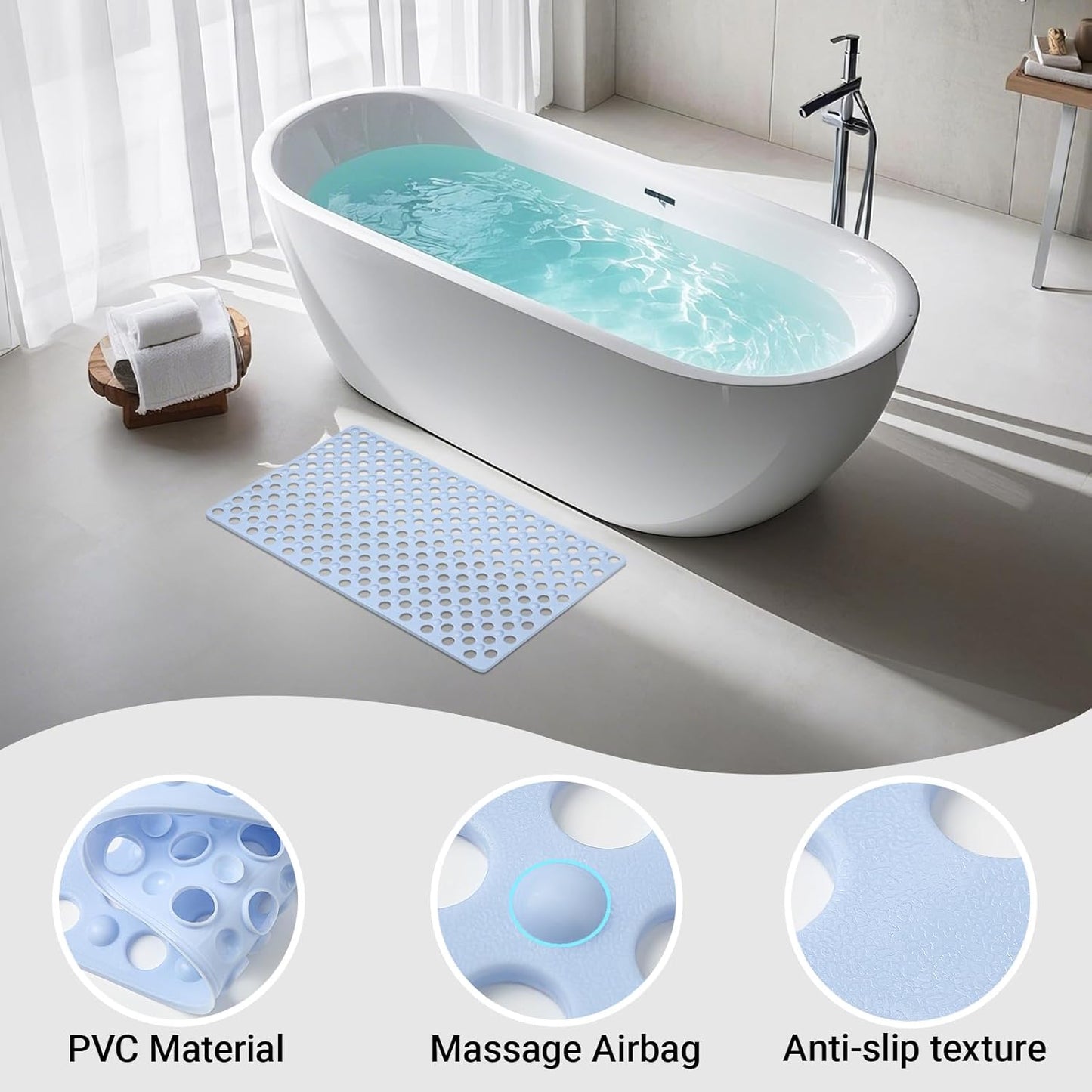 Non Slip Bathtub Mat and Shower Mat 31x17 inch,Bath Mat with Quick Dry Drain Holes and Suction