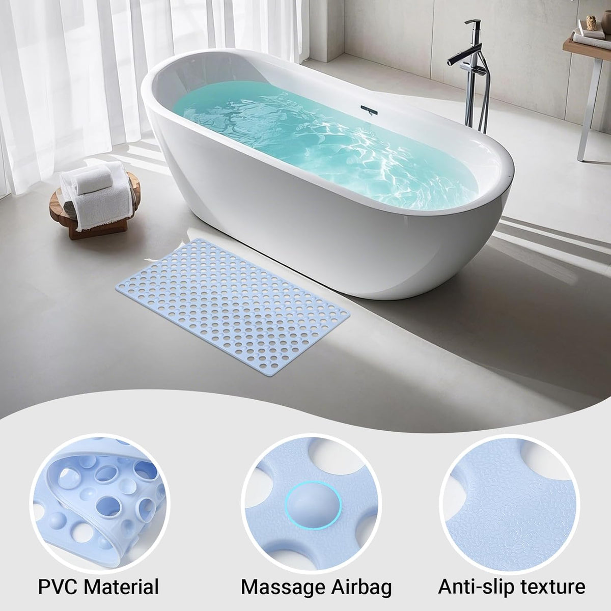 Non Slip Bathtub Mat and Shower Mat 31x17 inch,Bath Mat with Quick Dry Drain Holes and Suction