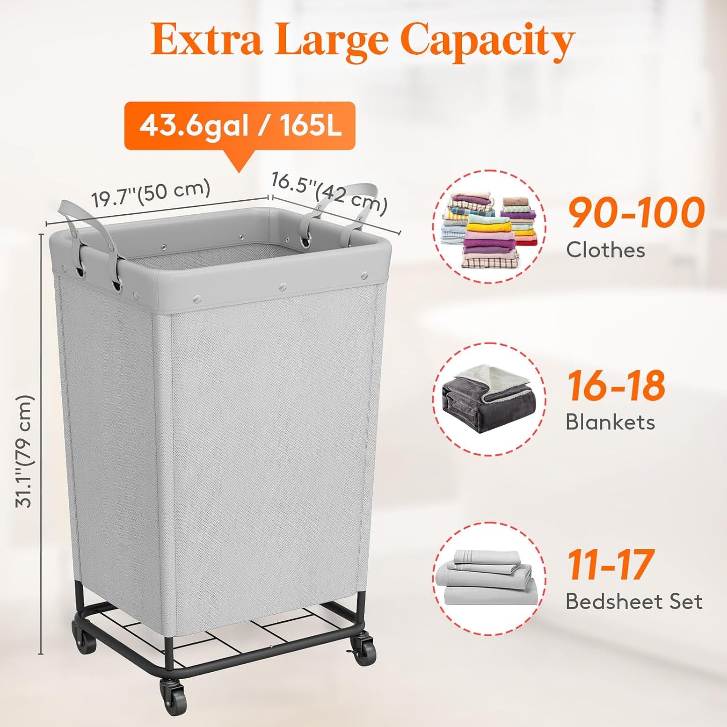 Lifewit 165L Laundry Basket with Wheels, Large Heavy Duty Commercial Rolling Laundry Hamper with