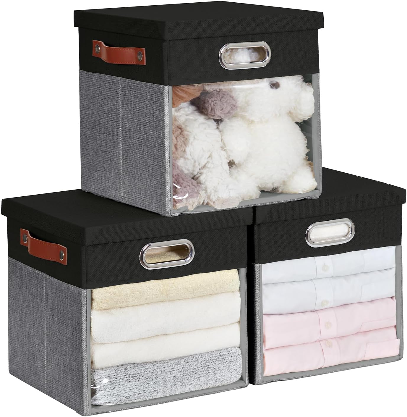 Fabric Storage Cubes with Clear Windows and Lids 11'' Foldable Storage Bins with 3 Handles