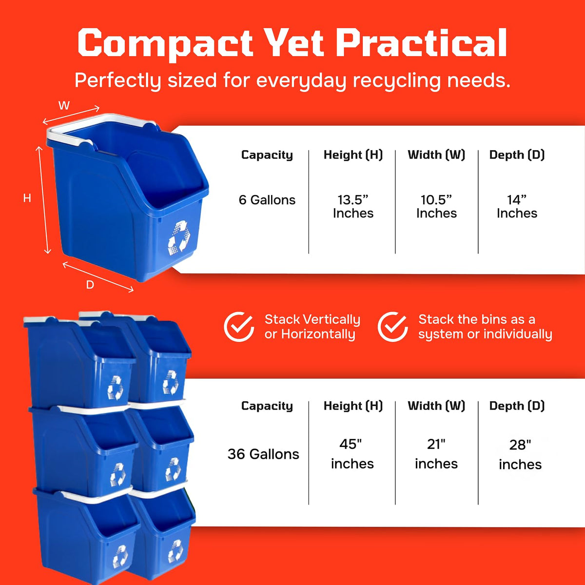 Multi Recycling Bin System with Three Stacking 6 Gallon Bins with Carrying Handles, Stackable and