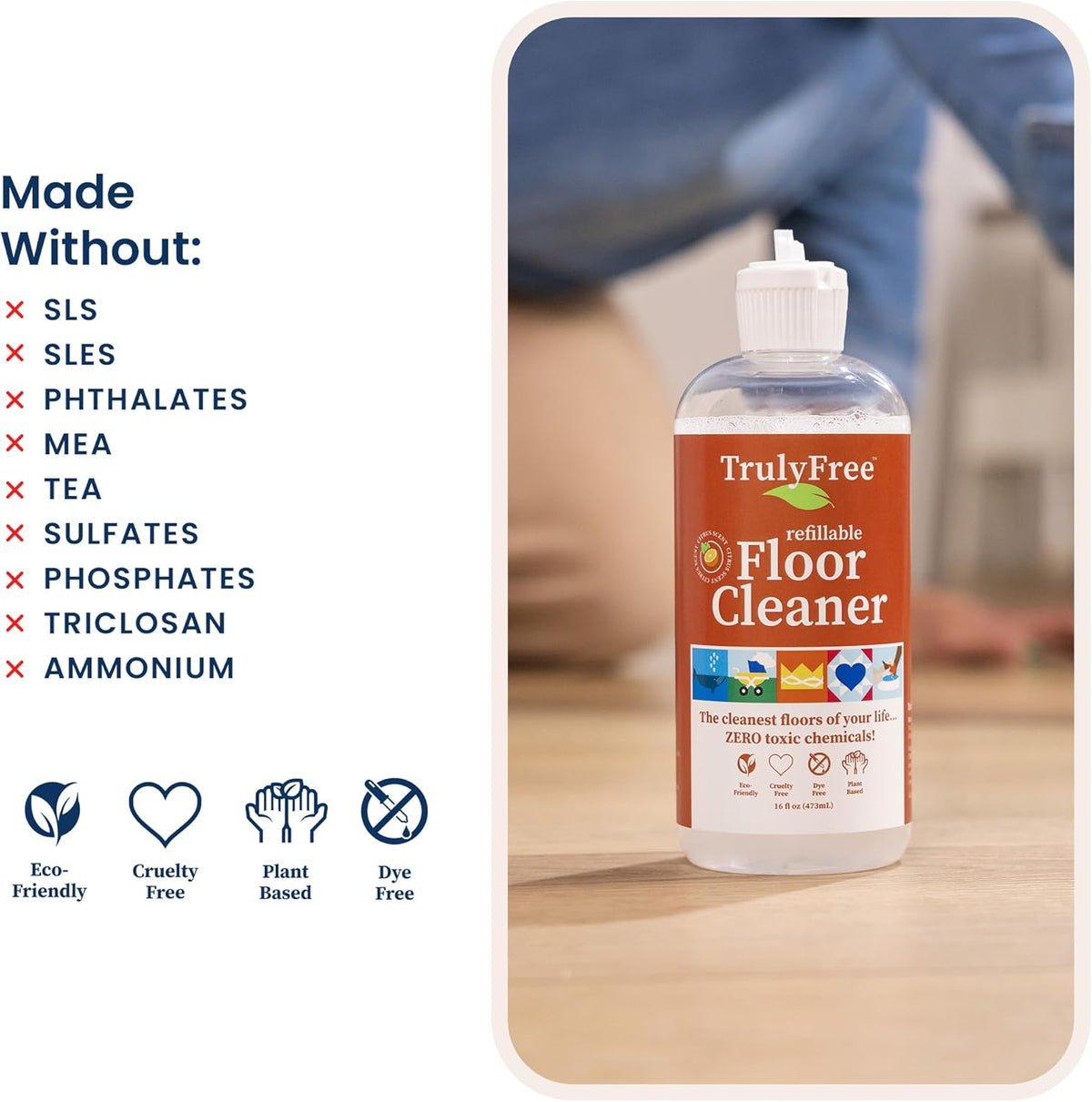 Truly Free Floor Cleaner Kit - Plant-Based Mopping Solution (16oz Reusable Empty Bottle + Two