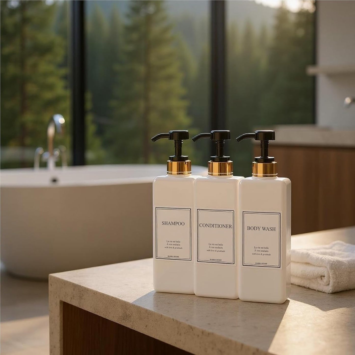 Modern Gold Design Large 27 oz Shampoo and Conditioner Dispensers - Empty Plastic Refillable Pump