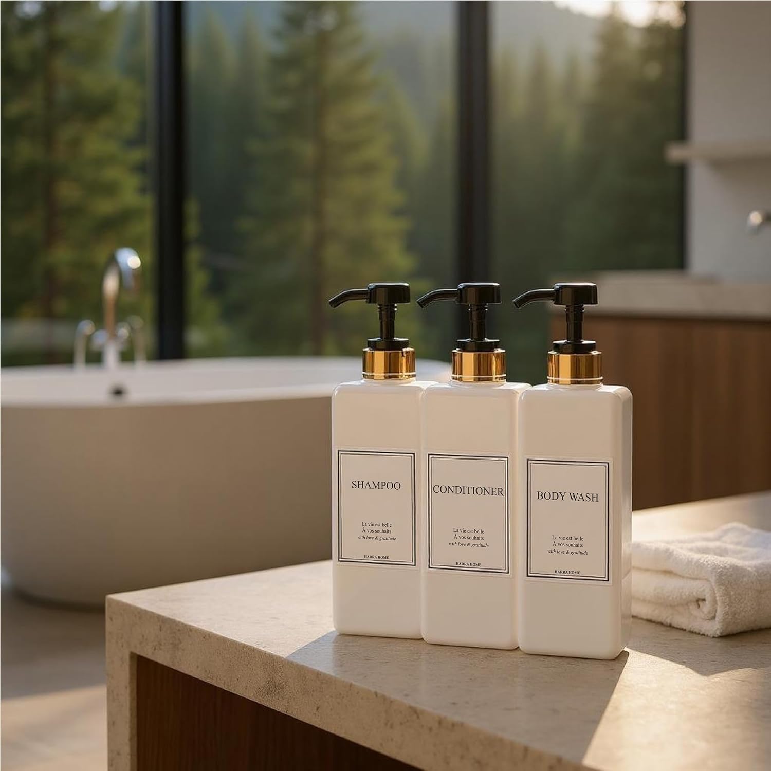 Modern Gold Design Large 27 oz Shampoo and Conditioner Dispensers - Empty Plastic Refillable Pump