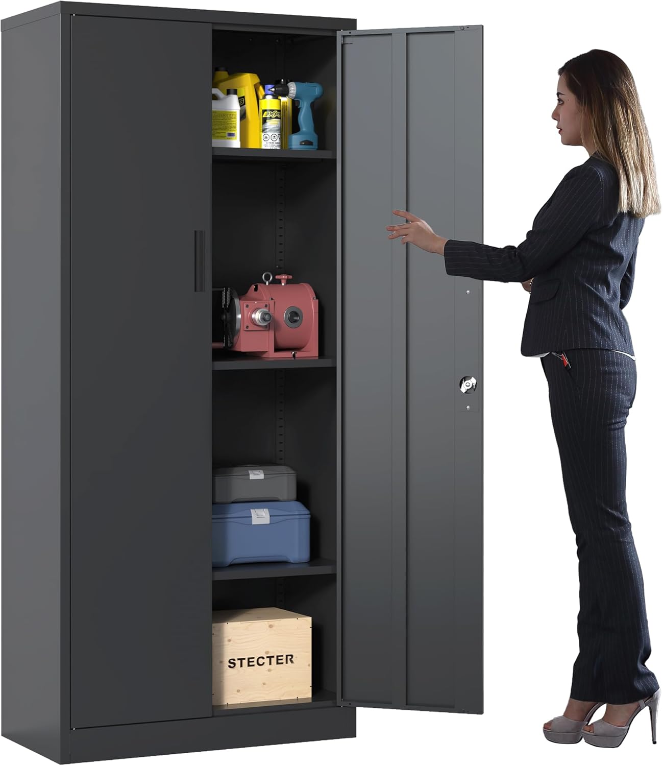 Metal Storage Cabinet with Adjustable Shelves, Garage Tool Cabinet with 2 Lockable Doors for
