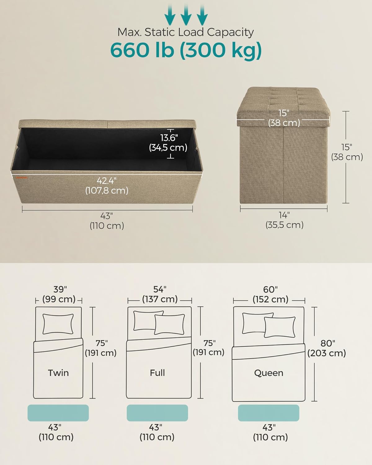 SONGMICS Mazie Collection - 43 Inches Storage Ottoman, Foldable Storage Bench with Flipping Lid