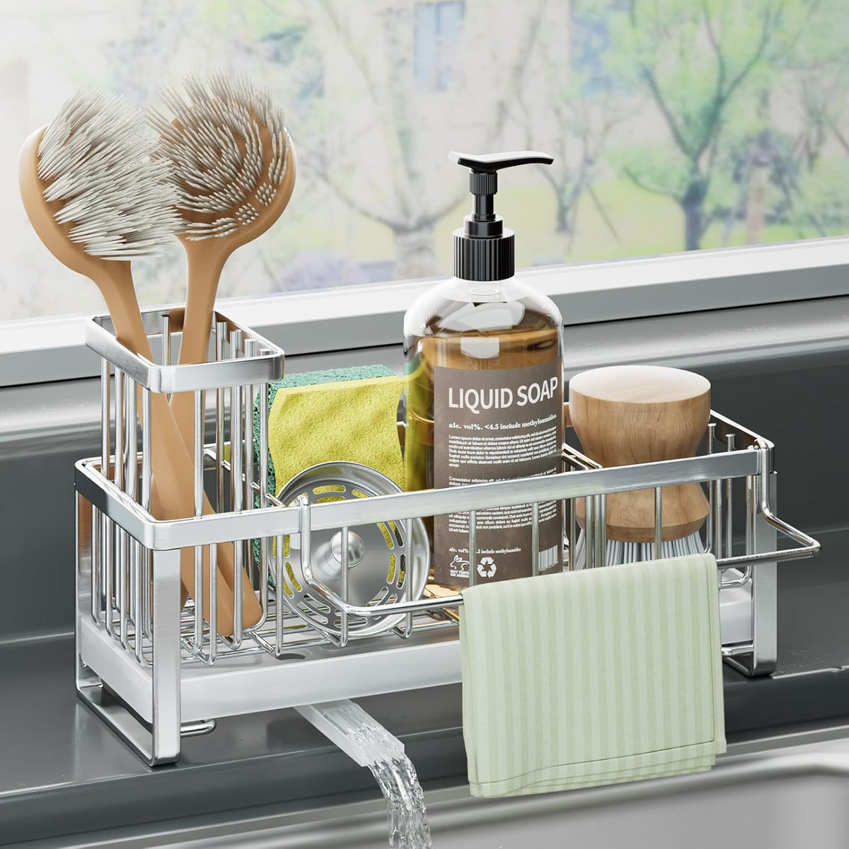 HapiRm Sponge Holder for Kitchen Sink - Self-draining Sink Caddy with Brush Holder and Dishcloth