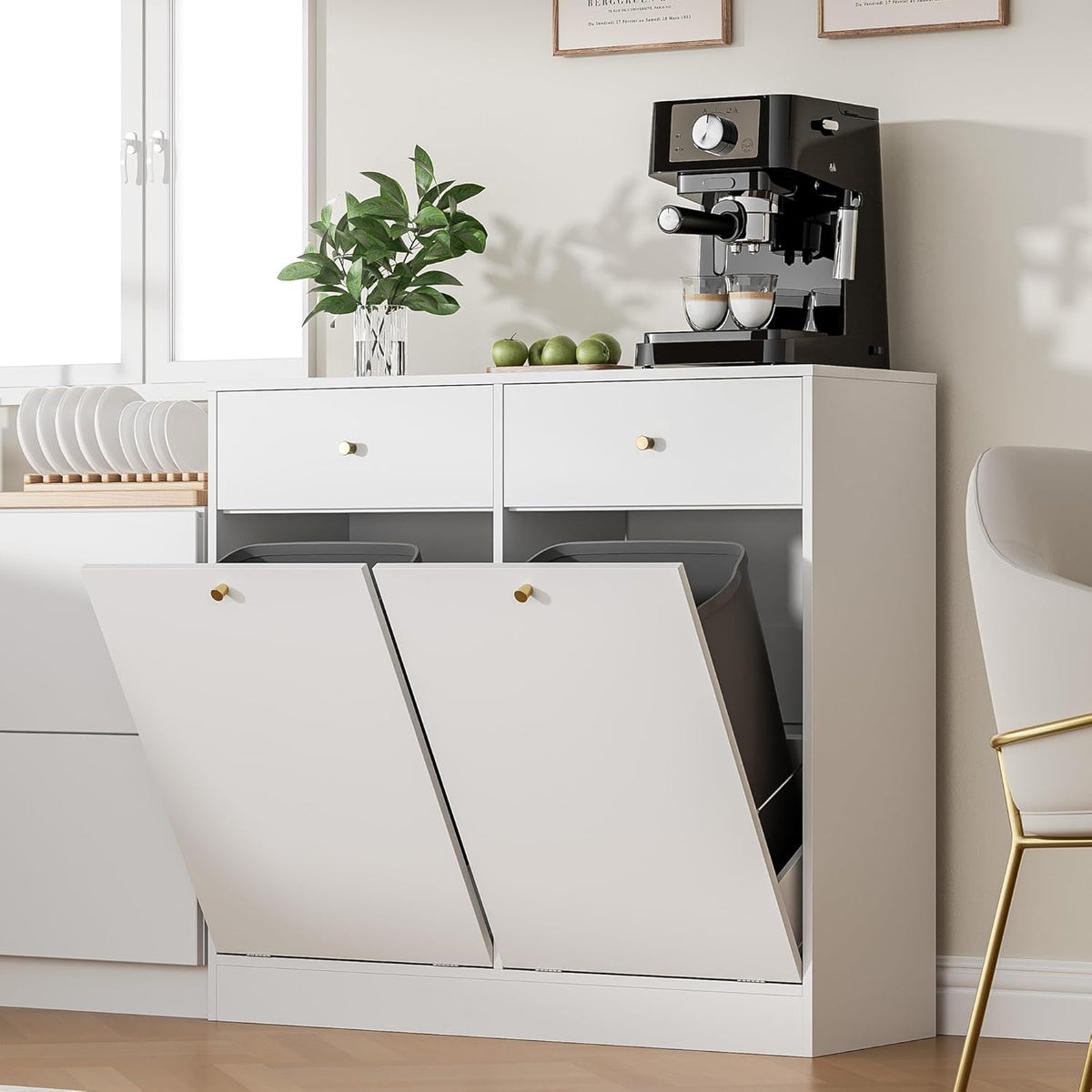 Double Tilt Out Trash Can Cabinet with 2 Drawers, Trash Storage Cabinet, Hidden Garbage Bin, Free