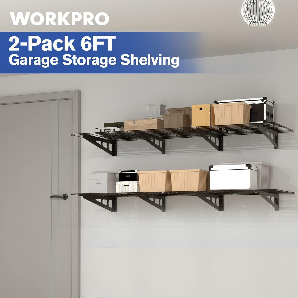 WORKPRO 2-Pack 2x6FT Garage Wall Shelving, 72” x 24” Heavy Duty Wall Mounted Shelving, 800lbs Load