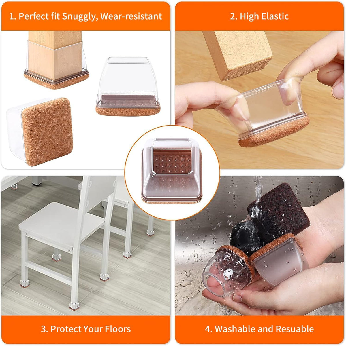 Ezprotekt 24 Pcs Clear Square Chair Leg Floor Protectors with Felt, Silicone Felt Furniture Pads