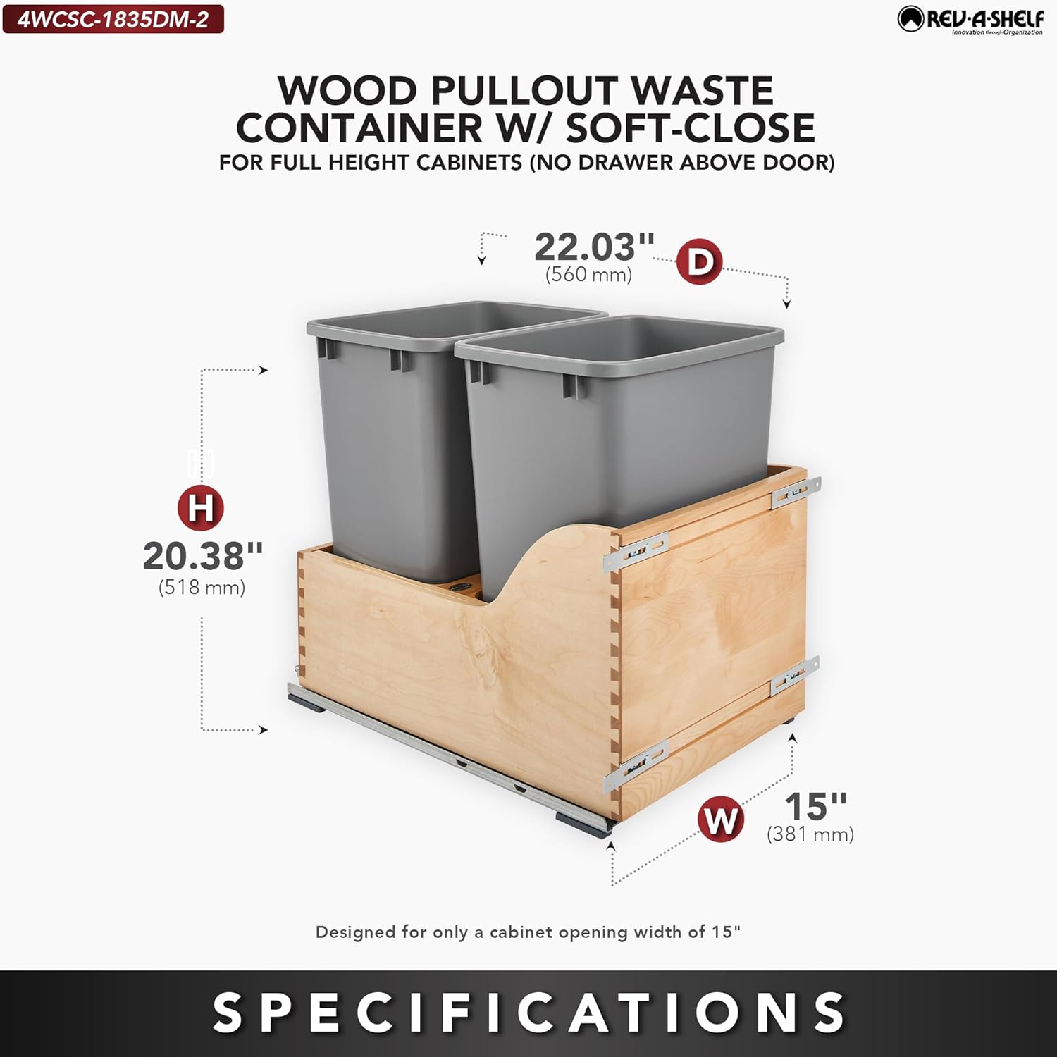Rev-A-Shelf Pullout Trash Cans for Kitchen Cabinet, Dual 35 Qt Bins with 15" Wood Frame - Large
