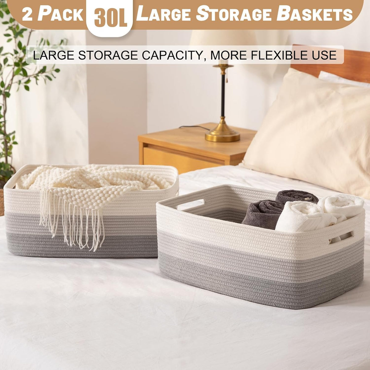 Large Storage Basket for Organizing, Woven Rope Basket for Shelves, Closet Organizer Bins for