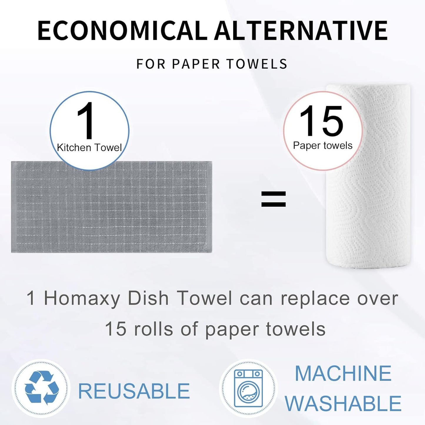 Homaxy 100% Cotton Terry Kitchen Towels(Grey, 13 x 28 inches), Checkered Designed, Soft and Super
