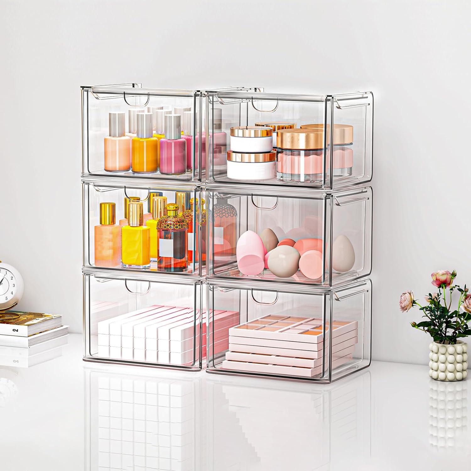 Acrylic Storage Drawers Set of 6, Clear Makeup Organizer, Plastic Organizer Bins for Beauty