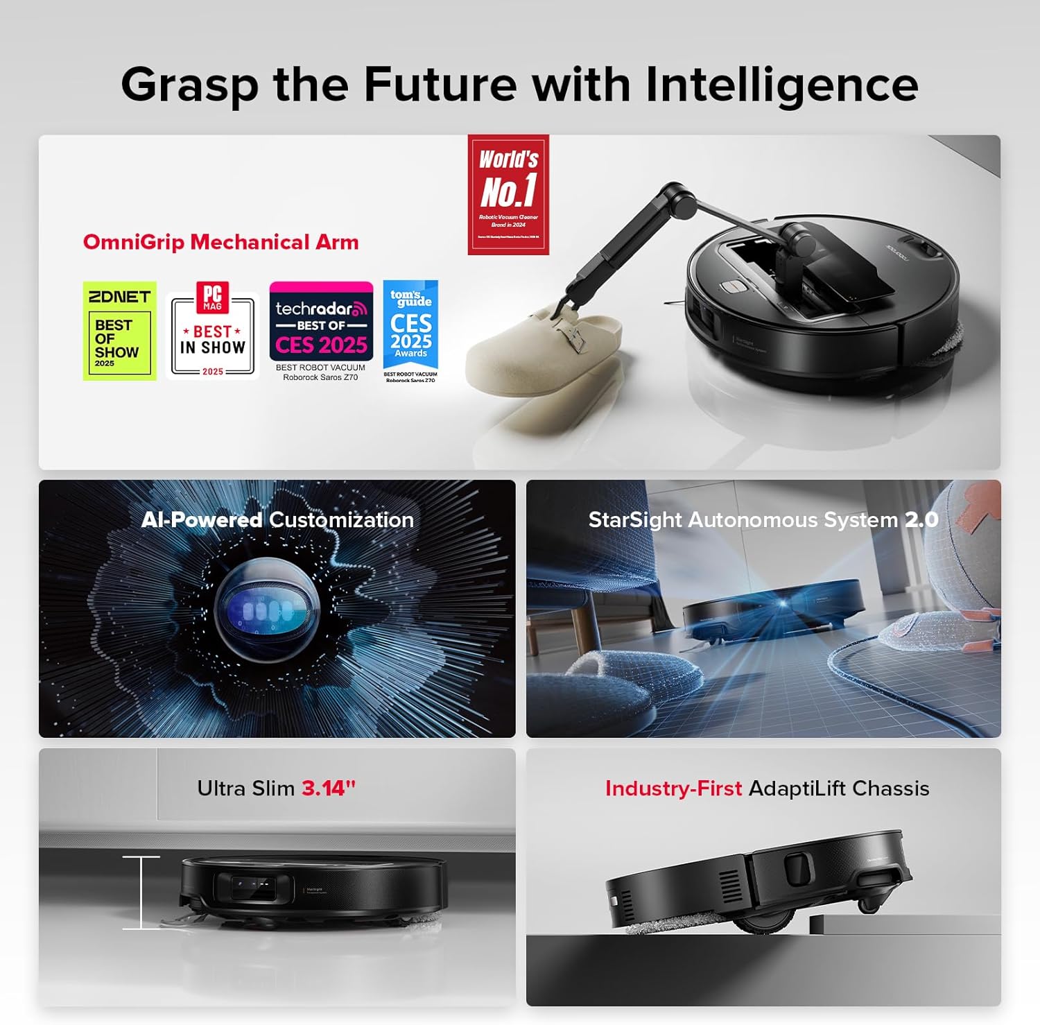 roborock Saros Z70 Robot Vacuum and Mop, OmniGrip Arm, AI-Powered, 22,000Pa Suction, 3.14’’ Ultra