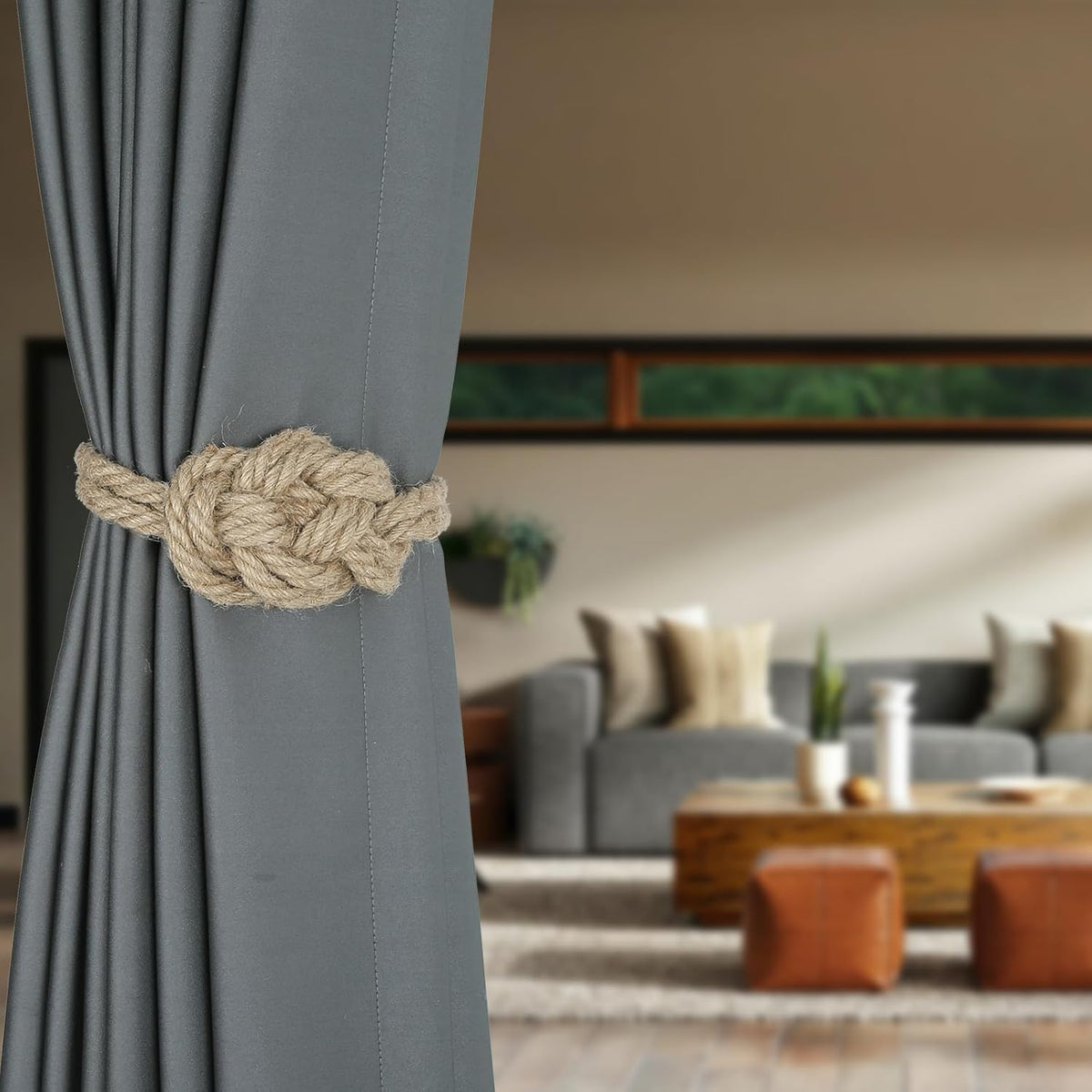 4 Pack Natural Jute Magnetic Curtain Tiebacks, Boho Rustic Style Decorative Curtain Ties Backs for