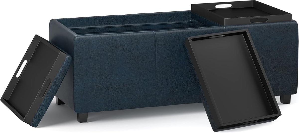 SIMPLIHOME Avalon 42 inch Wide Contemporary Rectangle Storage Ottoman in Distressed Dark Blue Vegan