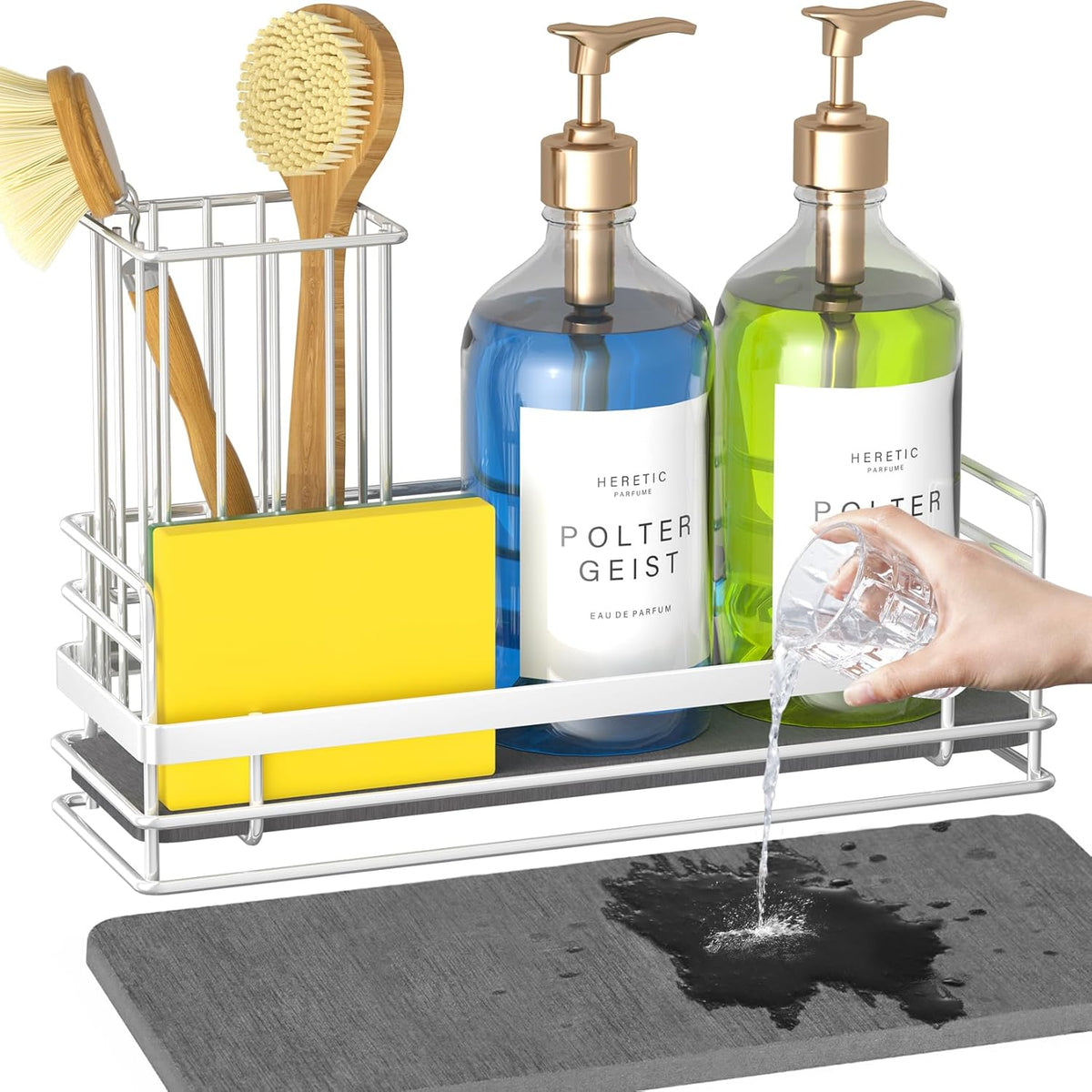 Yofidra Sink Caddy with Stone Drying Tray: Stainless Steel Soap Dispenser Kitchen Sink Organizer