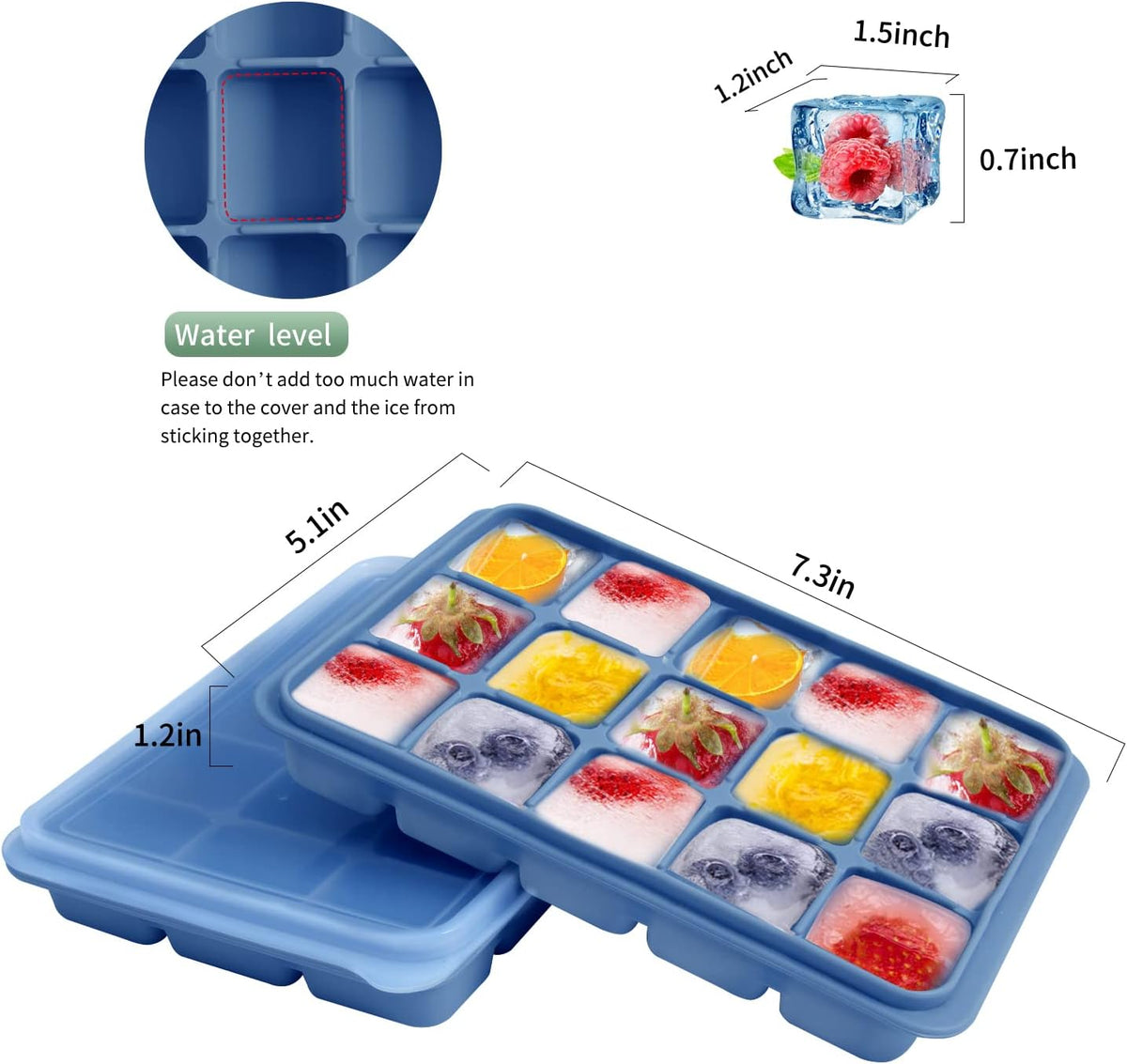 Ice Cube Trays Set of 2, Easy Release 15 Flexible Silicone Ice Cube Molds with Removable Lid