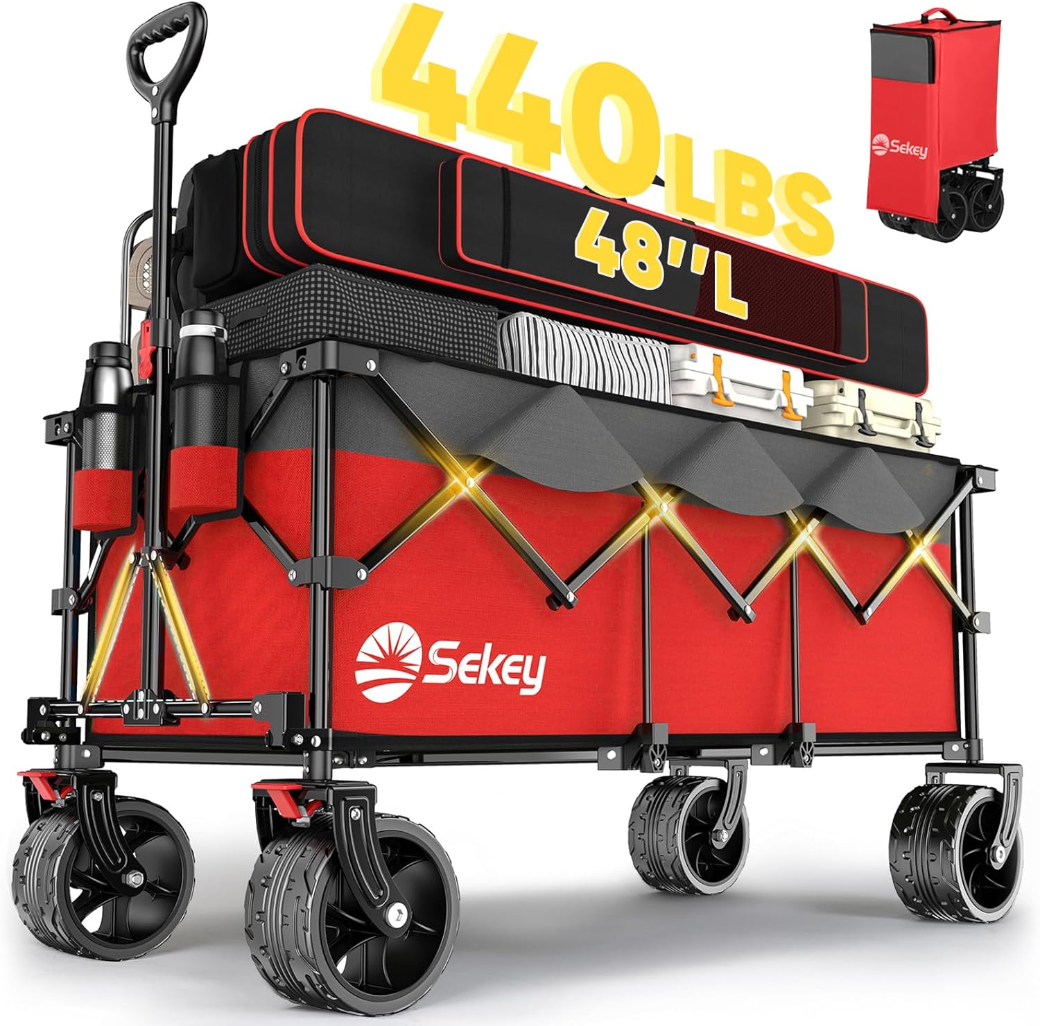 Sekey 48''L Collapsible Foldable Extended Wagon with 440lbs Weight Capacity, Heavy Duty 300L