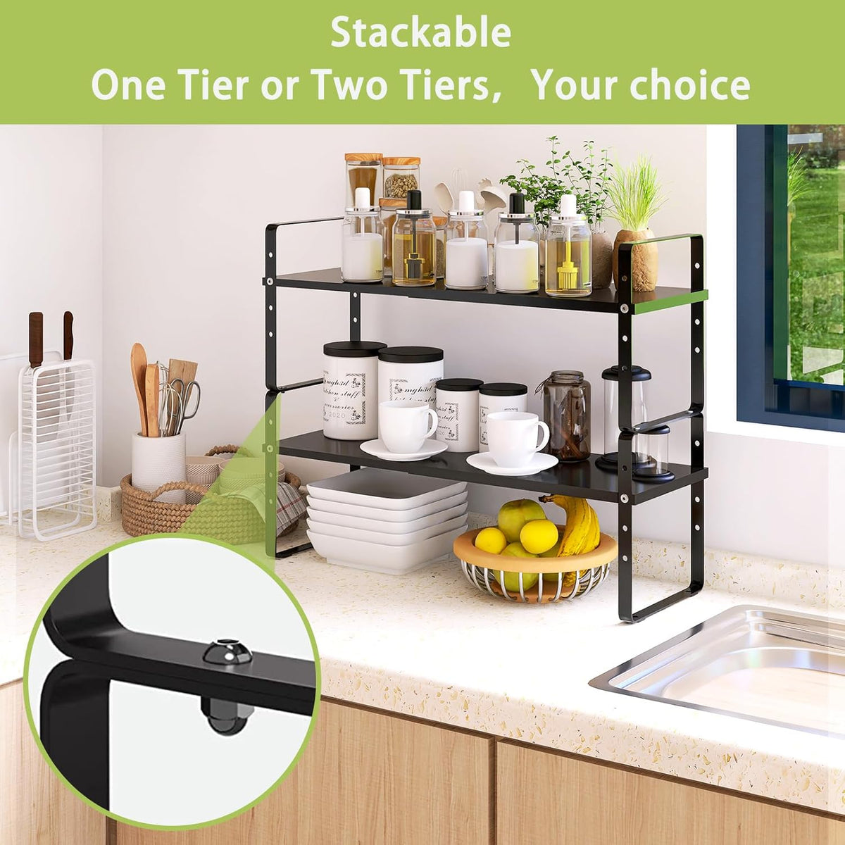 Expandable Cabinet Shelf Organizer Rack, Stackable Kitchen Counter Storage Shelves Stand