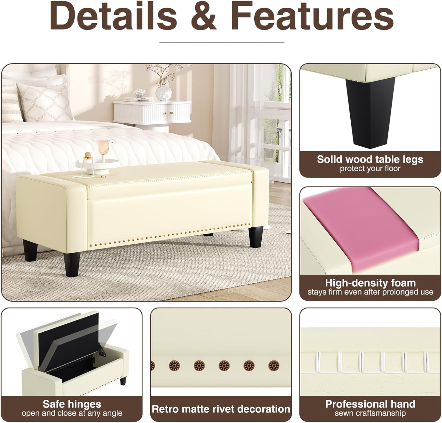 48.8" Storage Ottoman Bench Cream White | Faux Leather Bedroom Bench with Lift Top for Living Room