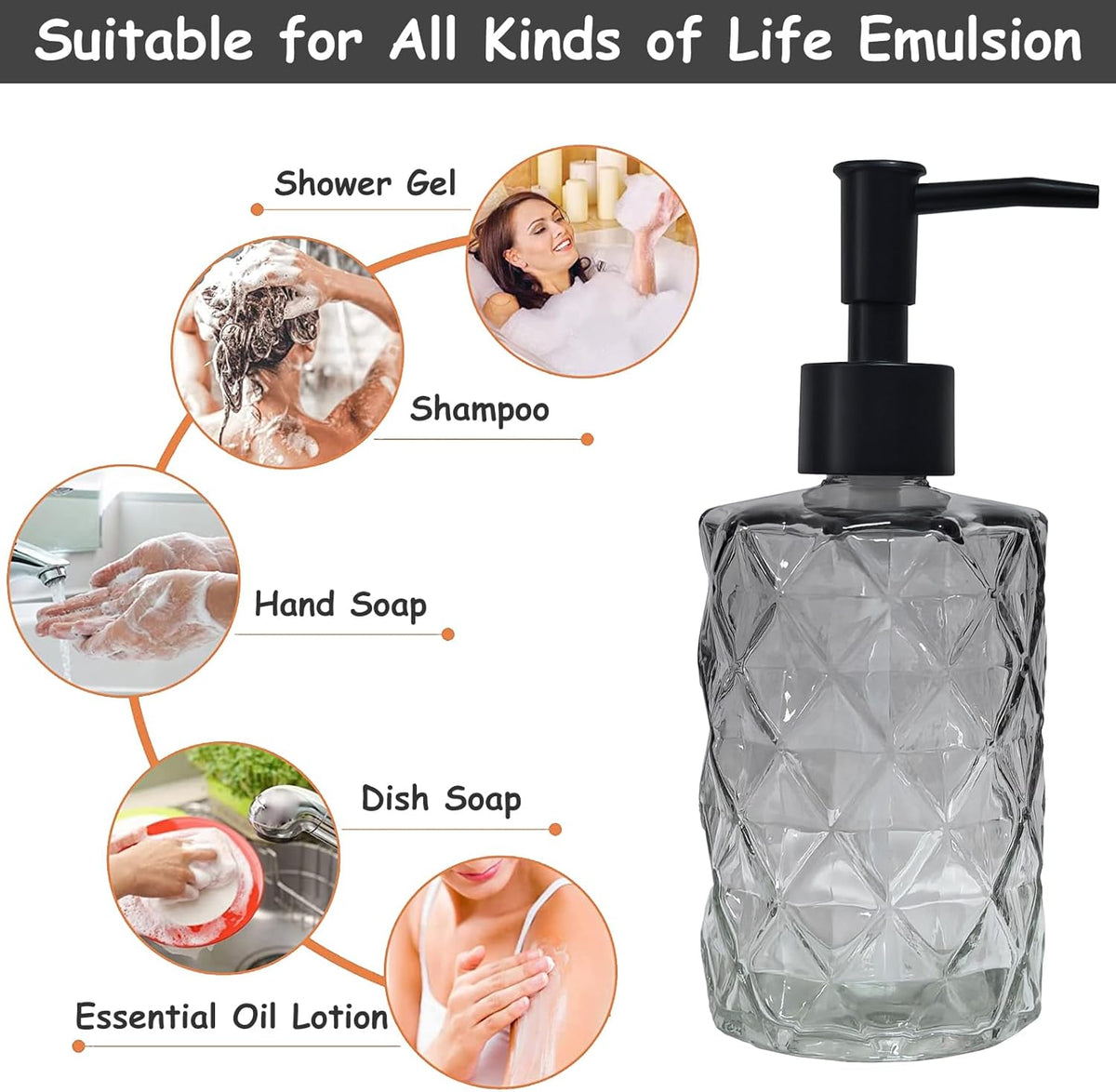 Crystal Glass Soap Dispenser, 12oz Gradient Grey Bathroom Hand Dispenser, Lotion Dispenser with