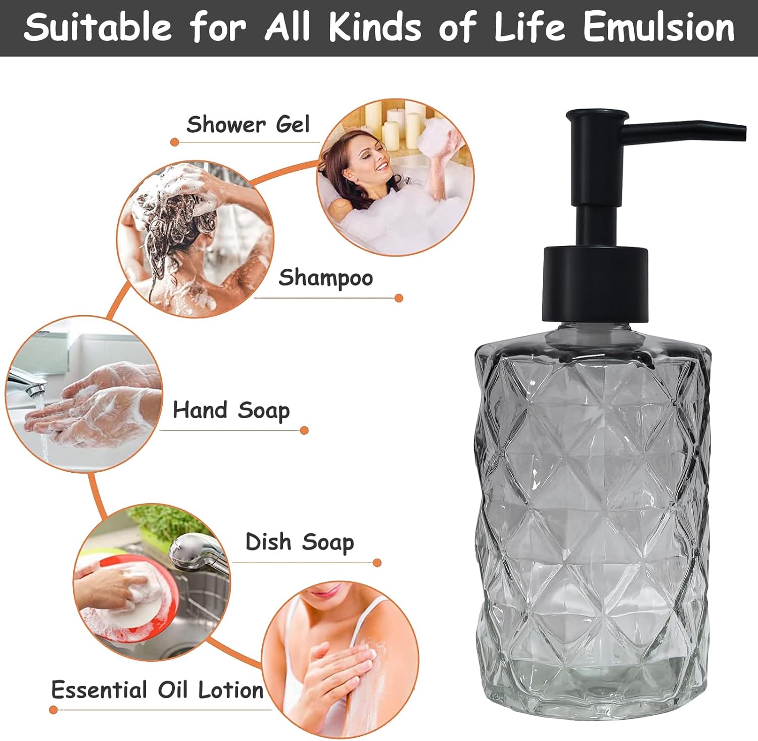 Crystal Glass Soap Dispenser, 12oz Gradient Grey Bathroom Hand Dispenser, Lotion Dispenser with