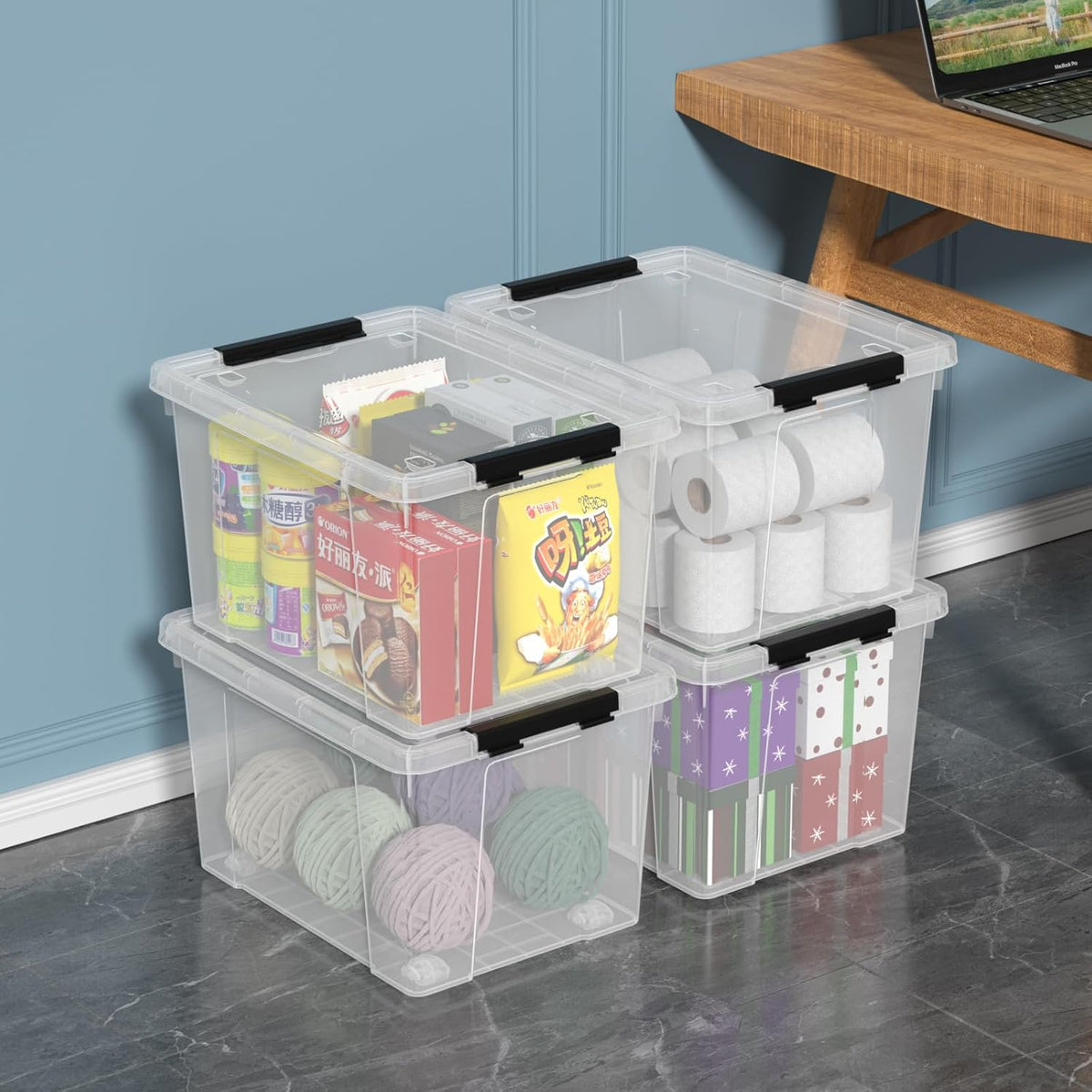 4 Pack 22 Quart Latch Box, Clear Home Organization Containers Bin with Lid, Buckle Up Storage Box